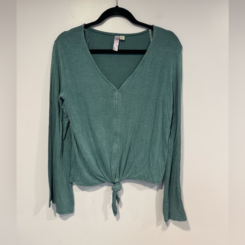 Blue‎ tie front Alya bell sleeve shirt